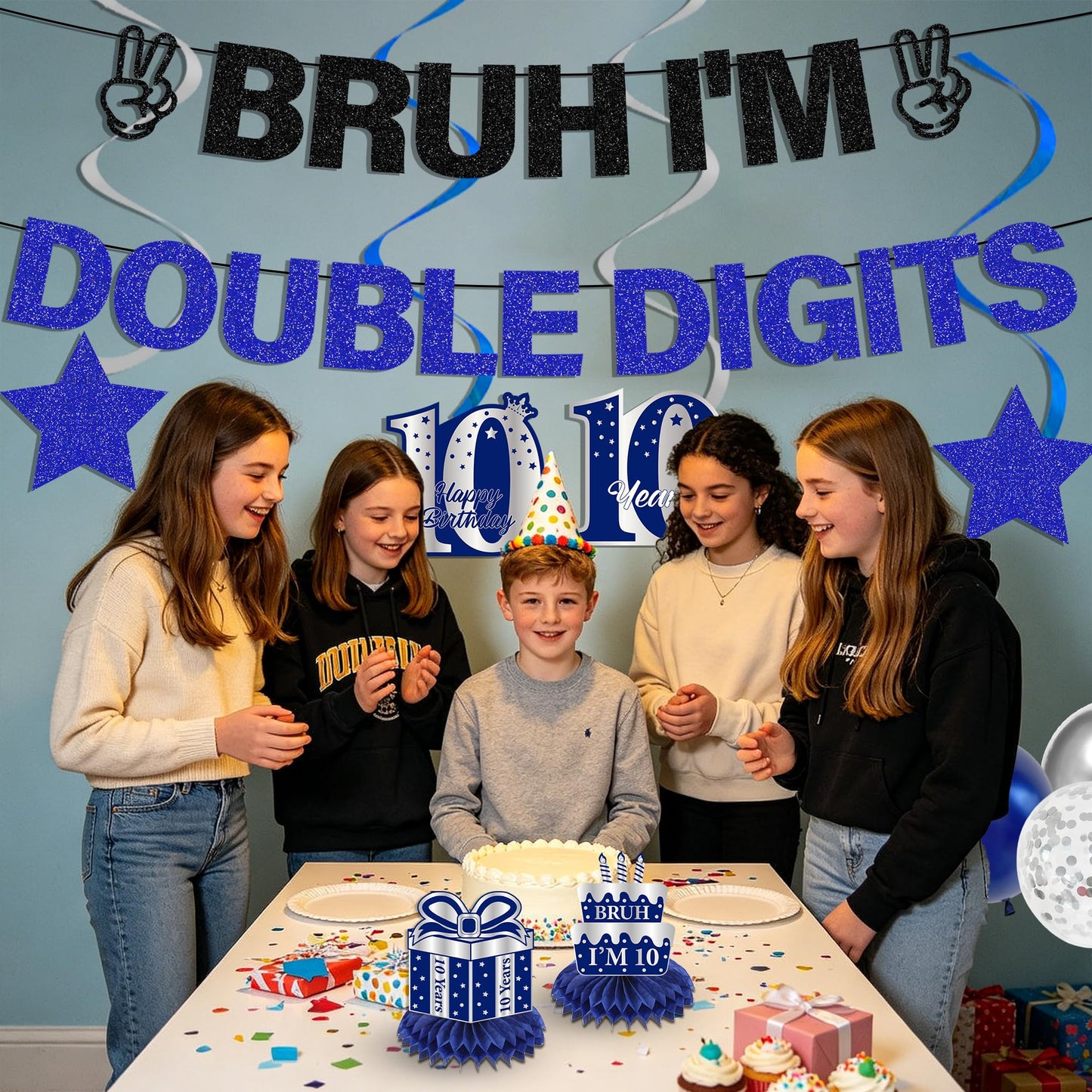 10th Birthday Decorations Banner Boys - 11 Pcs Silver Black Bruh I'M Double Digits Banners Hanging Swirls Honeycomb Table Decoration Latex Balloons For Boy 10 Year Old Bday Party Supplies BST220