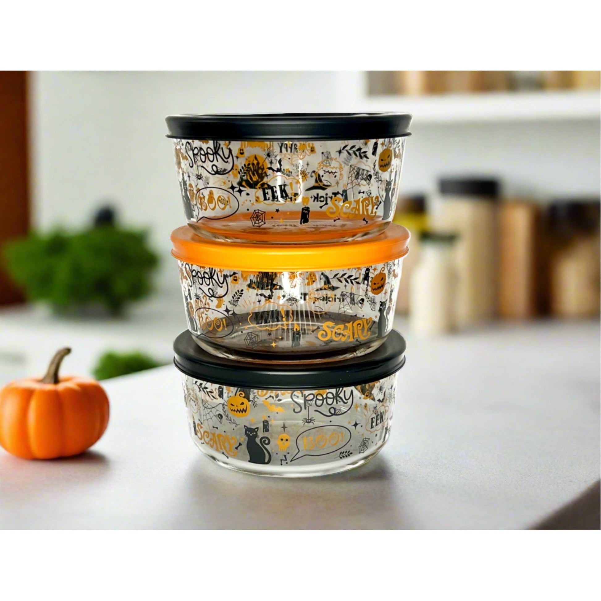Dura Living Halloween Glass Storage Containers with Lids, 2 Cup Set Set of 6 (3 Containers + 3 Lids)-1