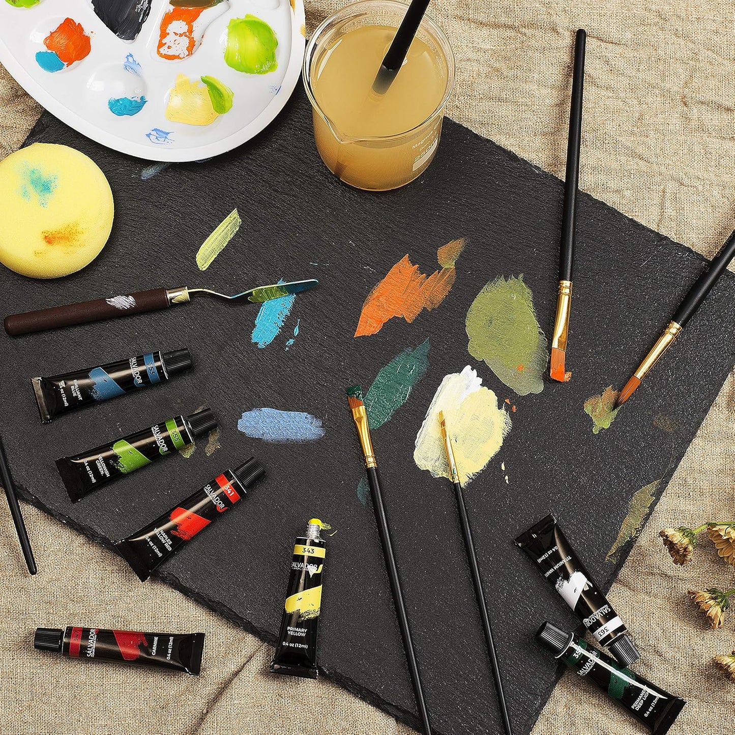 SALVADOR 40 Piece Acrylic Paint Kit, 24 Tubes of 0.4 oz Premium Paints, Mixing Knife, Paint Palette with Sponge
