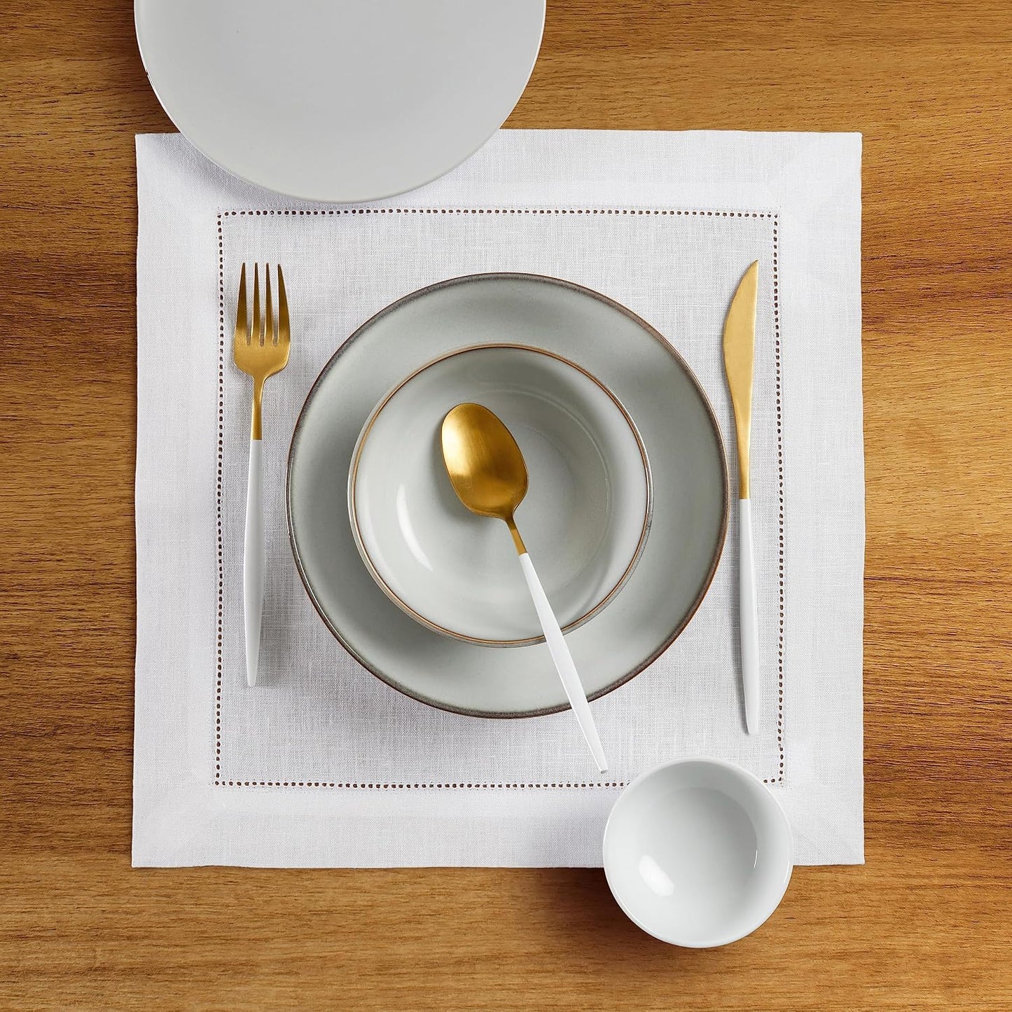 Solino Home 100% Pure Linen Placemats White Hemstitch, 14 x 14 in, Set of 4 | Classic Hemstitch Square Table Mats square settings for daily dining, hand hemstitched borders, OEKO-TEX Certified, easy care BST326SOLH