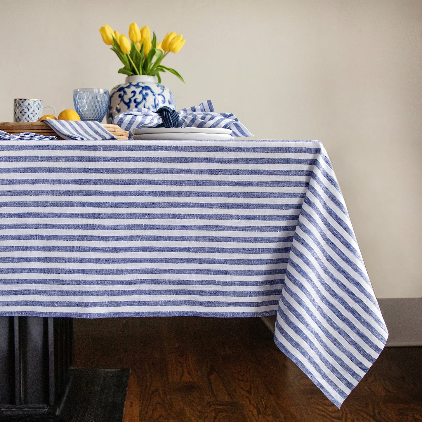 Solino Home 100% Linen Table Cloth, Throw, 52 x 52 in, Coral, Amalfi Stripe | Striped Linen Tablecloth a neat topper for bistro, card and side tables | Coral and White | Pure Linen | OEKO-TEX Certified BST326SOLH