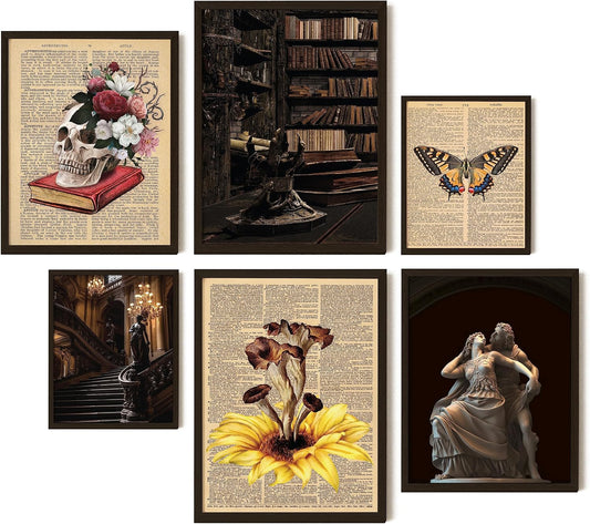 EXCOOL CLUB Dark Academia Room Decor Poster, 6 Pc 12x16 Vintage Wall Art | 6 unframed prints, cardstock, brown academia and victorian aesthetic, bedroom, office, library BST326H