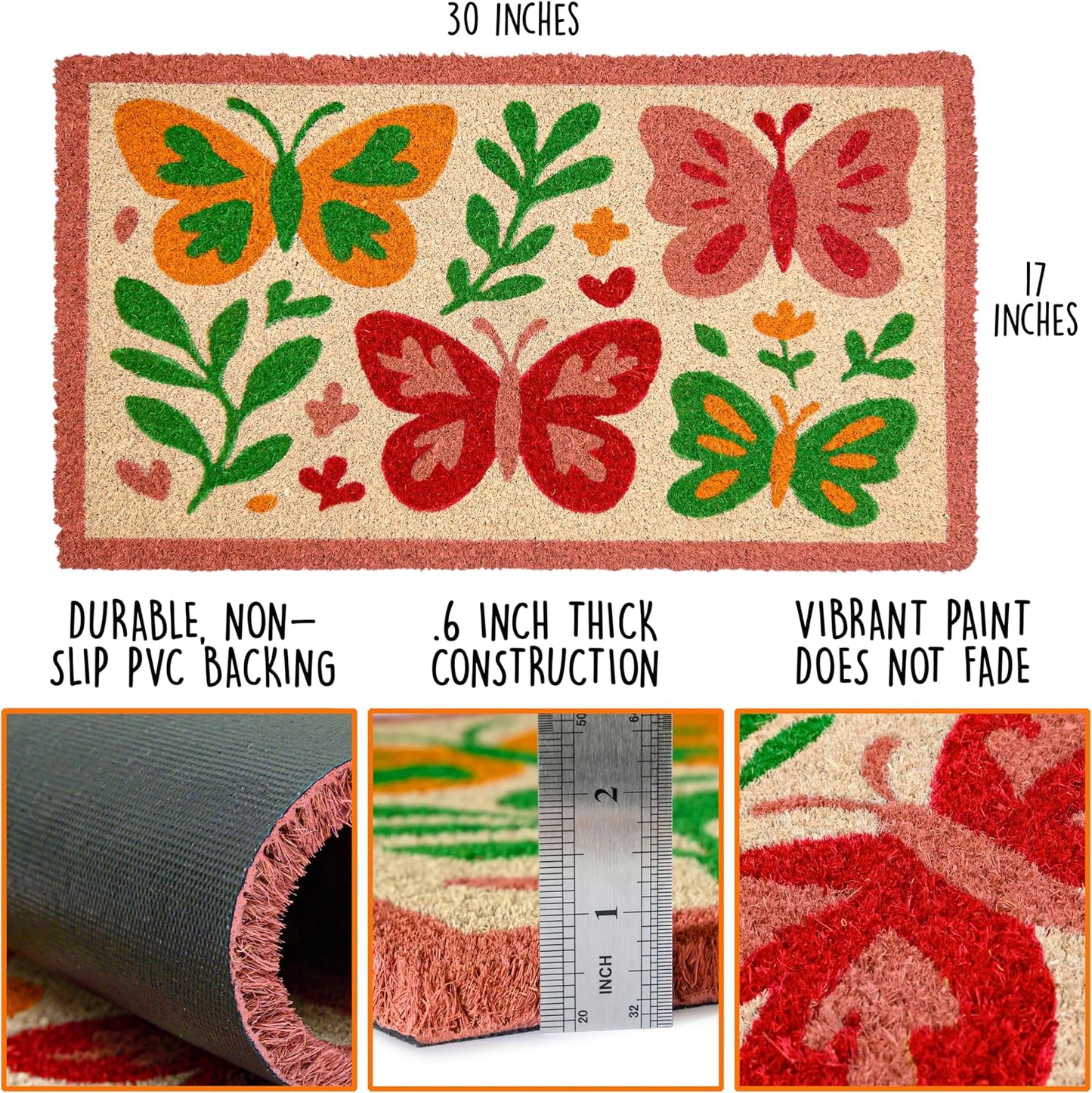 MAINEVENT Butterfly Welcome Mat 30x17 Inch, Spring Outdoor Doormat Coir | Natural Coco Fiber Spring Decor, Pvc Backing, Dirt Scraper, Nature-Inspired Farmhouse Decor, Housewarming Gift, Covered Porch BST202