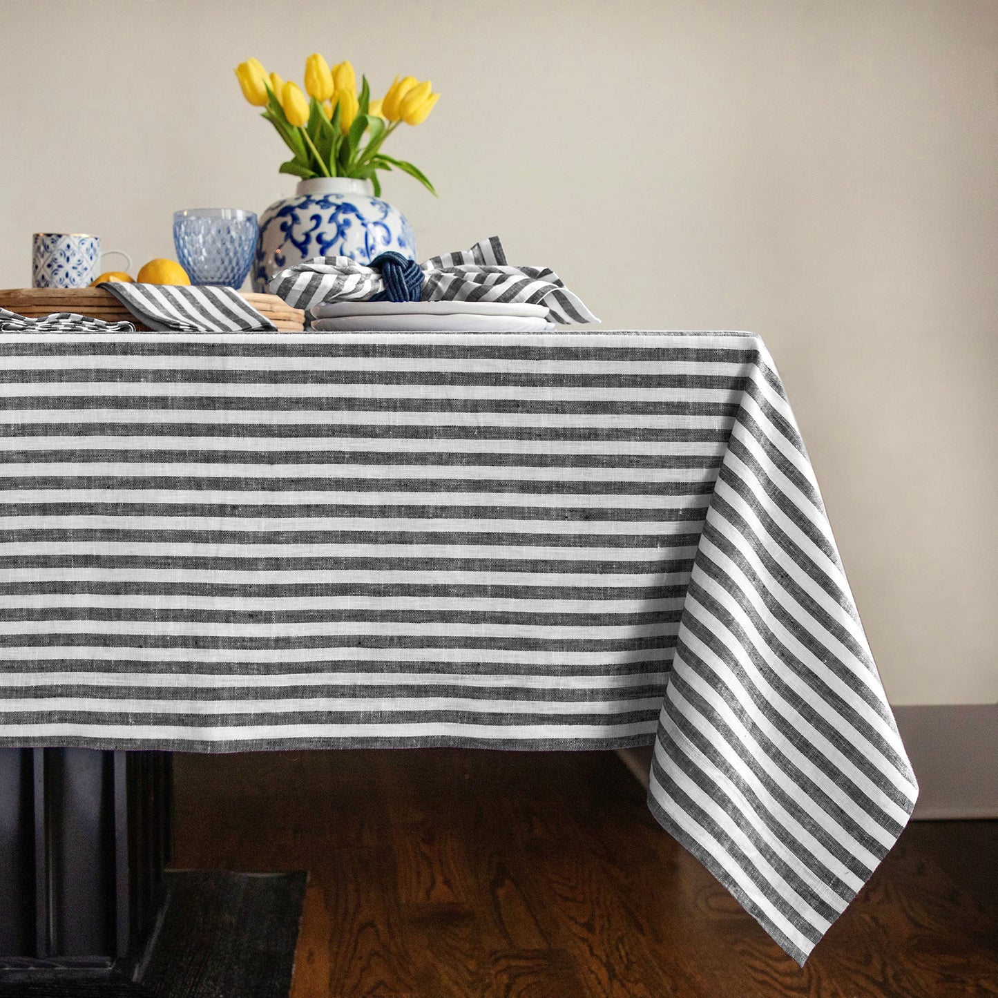Solino Home 100% Linen Table Cloth, Throw, 52 x 52 in, Coral, Amalfi Stripe | Striped Linen Tablecloth a neat topper for bistro, card and side tables | Coral and White | Pure Linen | OEKO-TEX Certified BST326SOLH