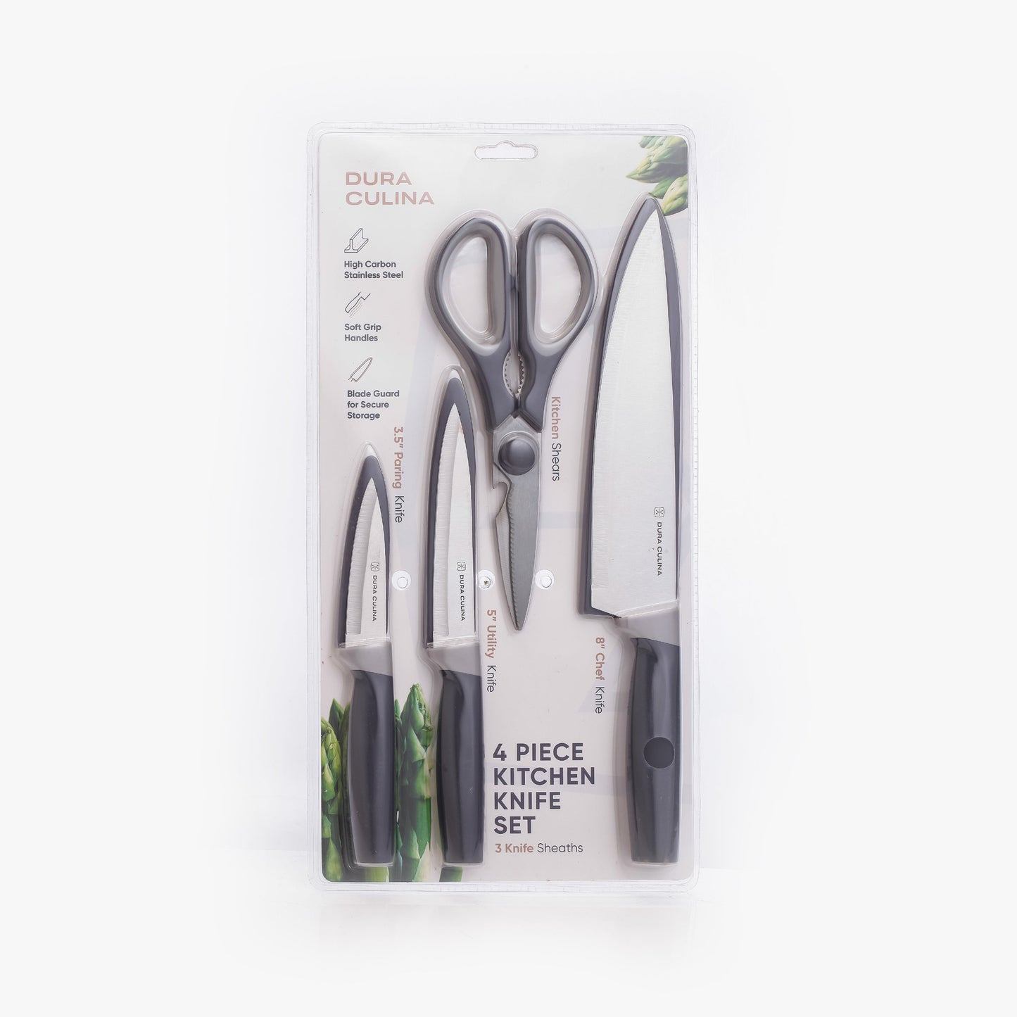 4 Piece Kitchen Knife Set- Chef, Utility, Paring, Multi Purpose Shears, and Matching Blade Guards-0