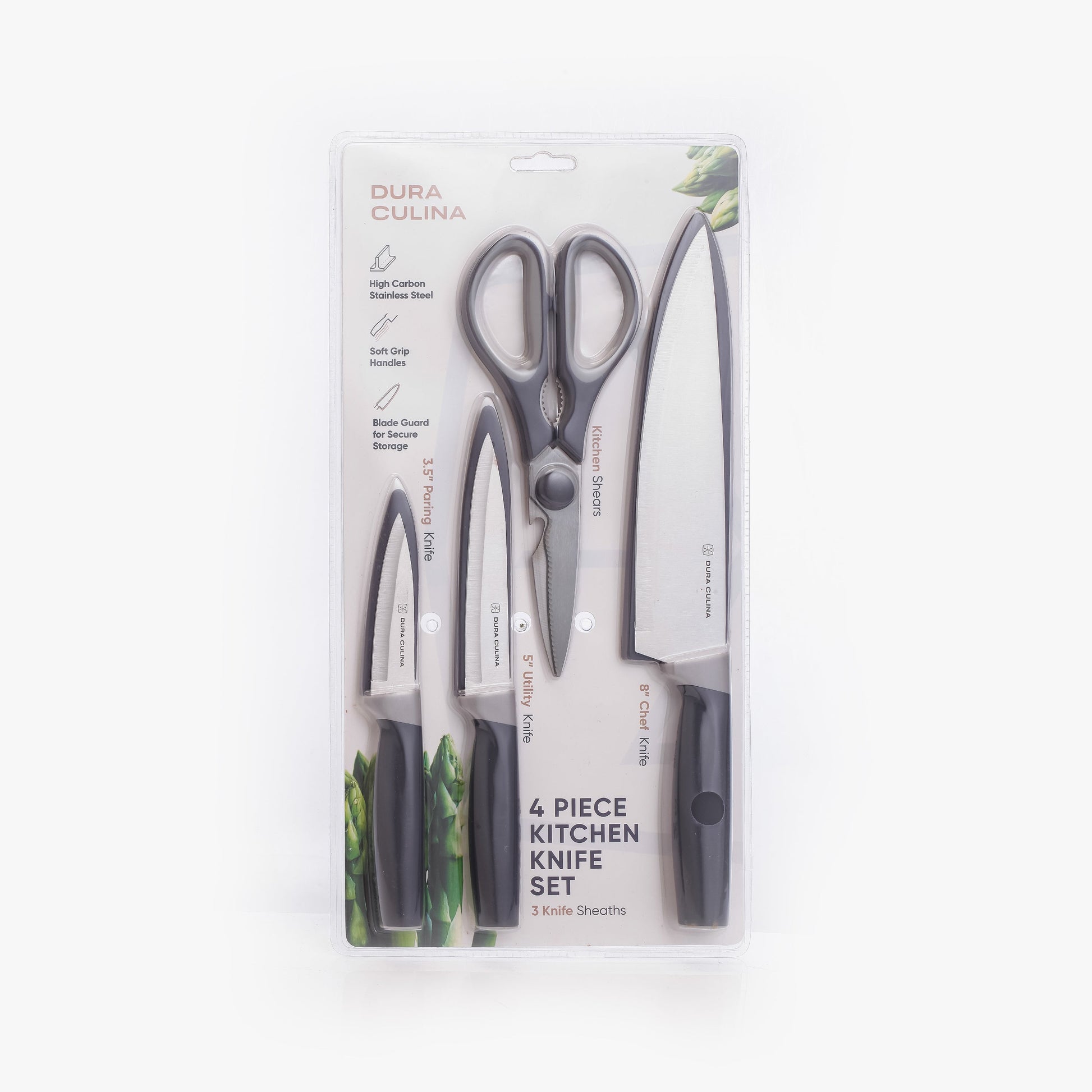 4 Piece Kitchen Knife Set- Chef, Utility, Paring, Multi Purpose Shears, and Matching Blade Guards-0