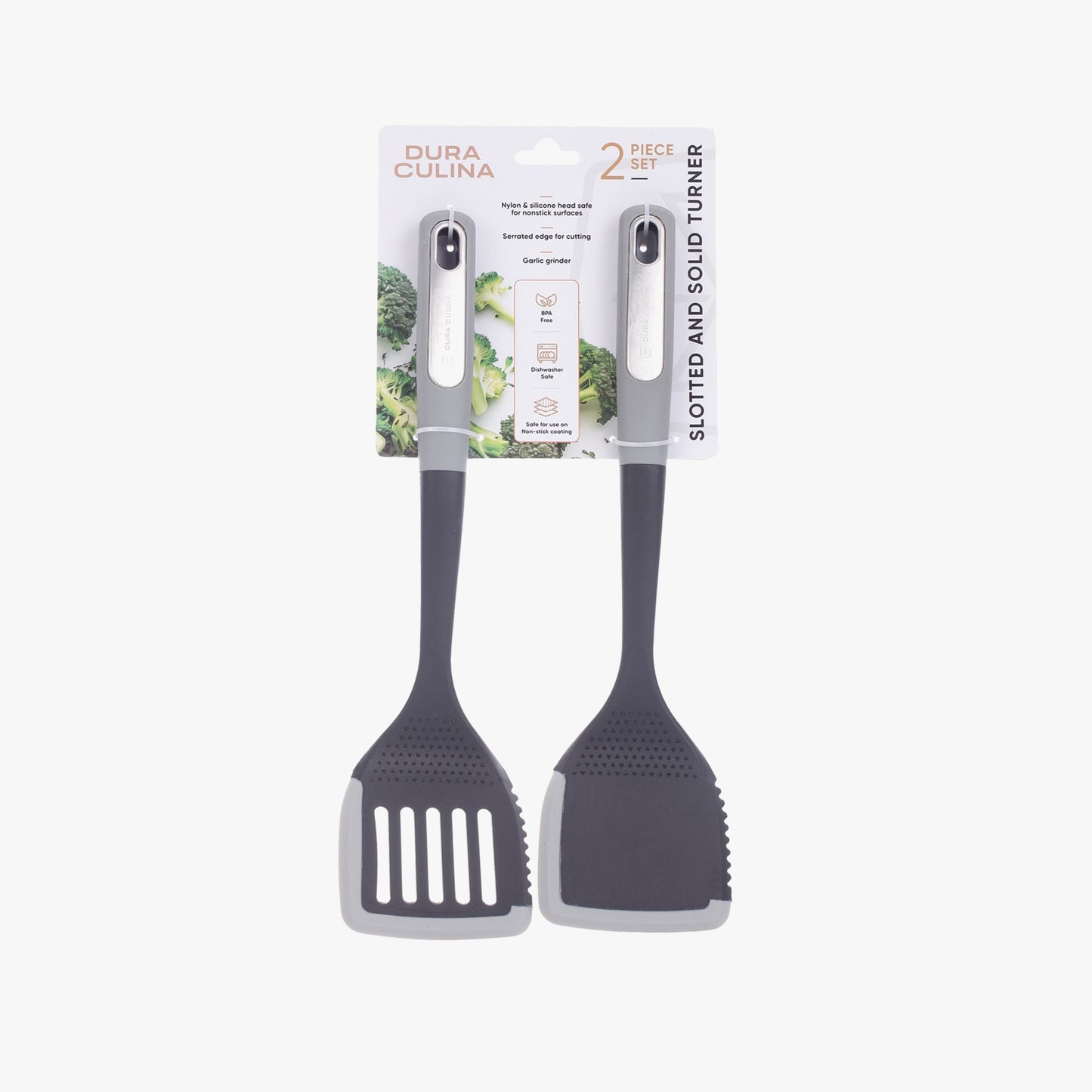 2-Piece Nylon Turner Set - Slotted & Solid Turner with Silicone Edge, Scratch-Proof, Heat Resistant Soft Grip Handles-0