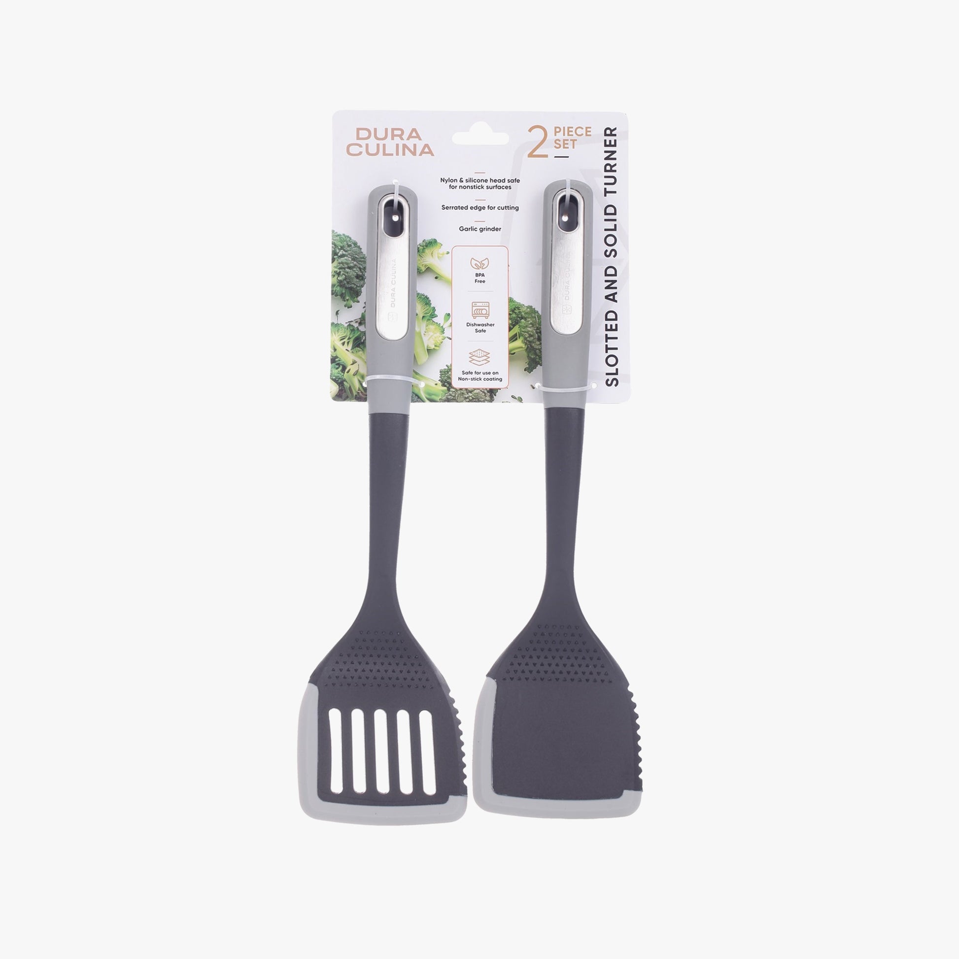 2-Piece Nylon Turner Set - Slotted & Solid Turner with Silicone Edge, Scratch-Proof, Heat Resistant Soft Grip Handles-0