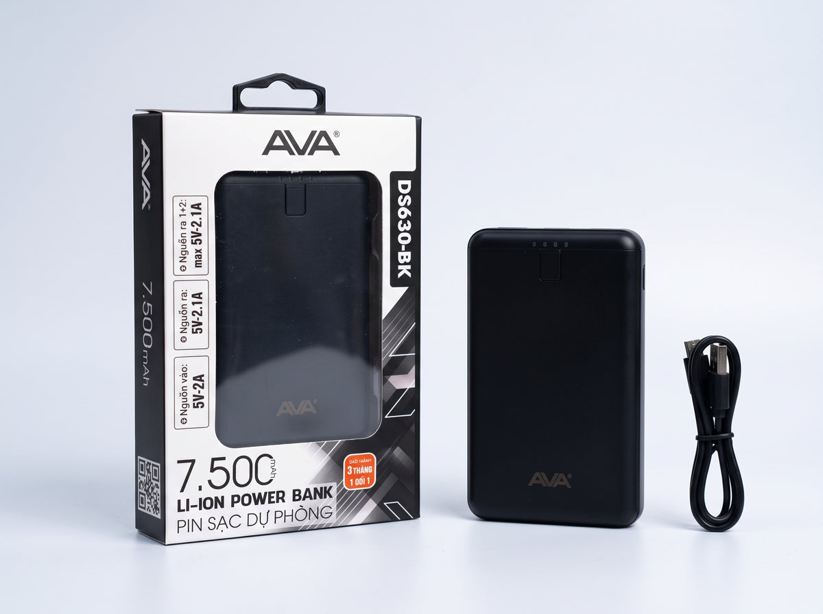 AVA 7500mAh Portable Power Bank (DS630-BK) – Compact Li-Ion External Battery Charger with Dual USB Outputs (5V/2.1A Max) & LED Power Indicator – Black
