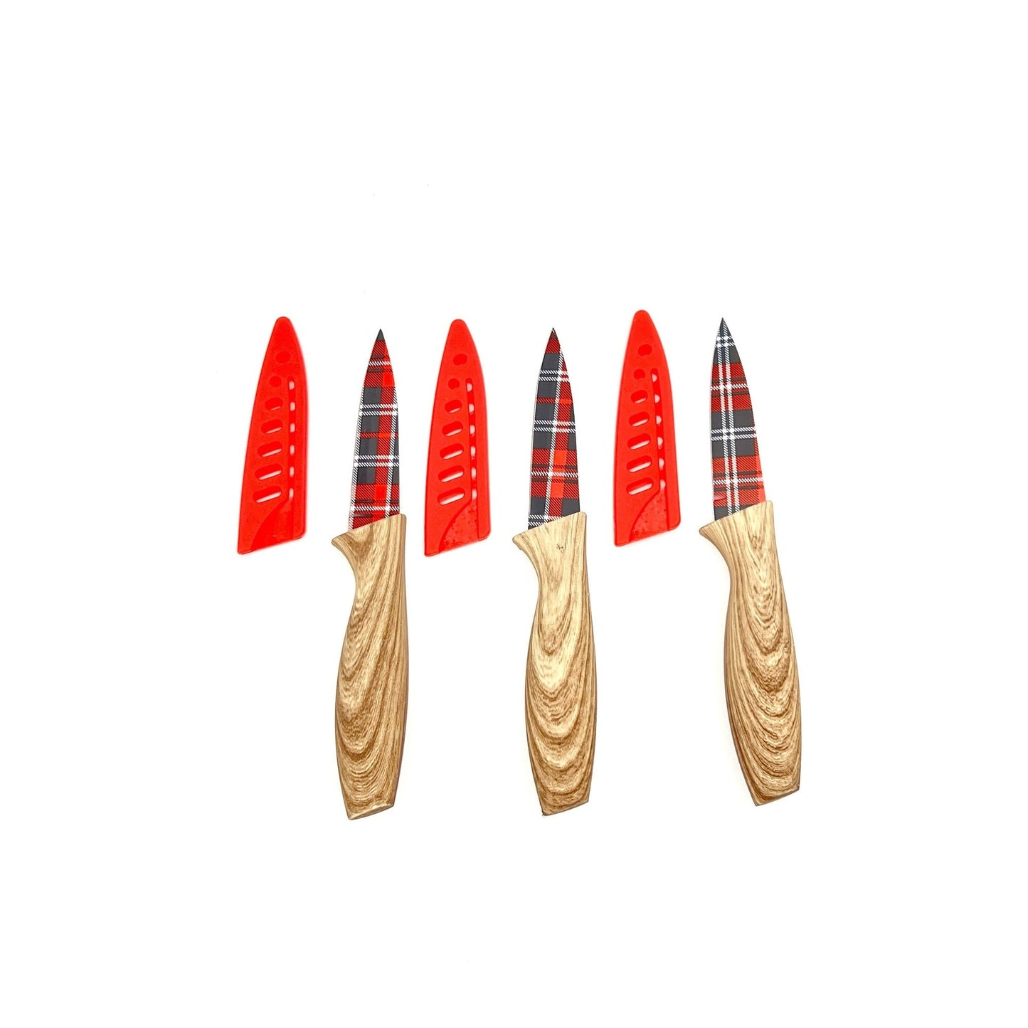 3-Piece Festive Holiday Paring Knife Set with Blade Guards, Gingham-1