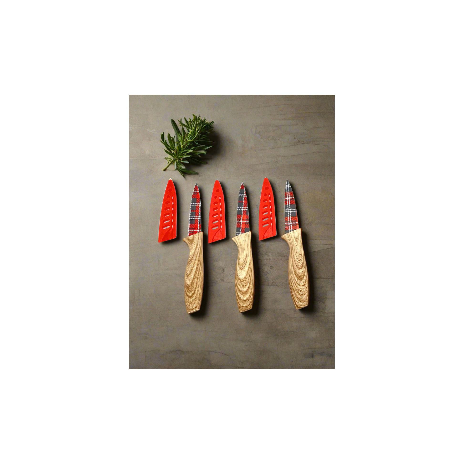 3-Piece Festive Holiday Paring Knife Set with Blade Guards, Gingham-2
