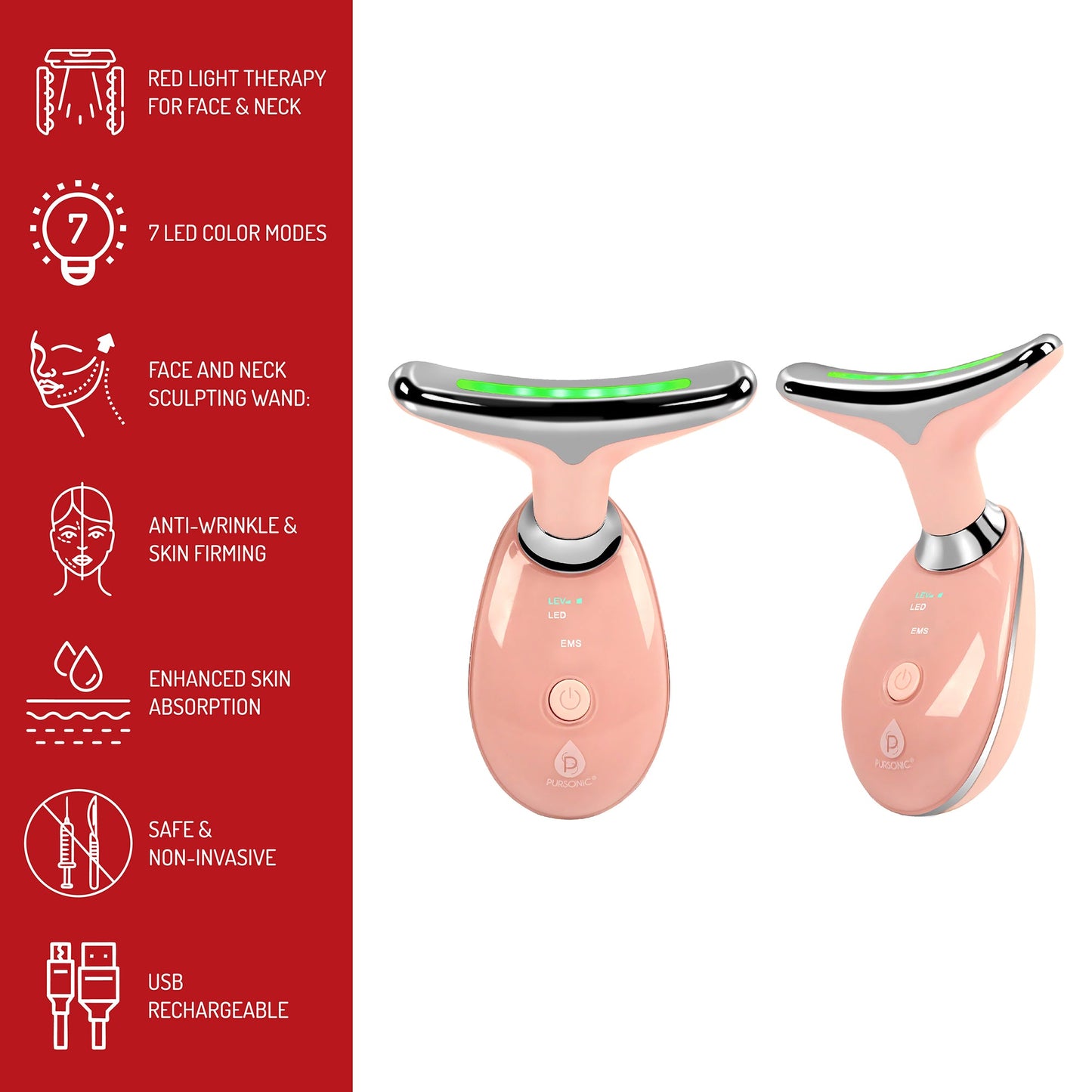 Pursonic Radiant Skin Essentials Bundle: 7-in-1 LED Light Therapy Device, Clean Facial Towels & Vitamin C Serum