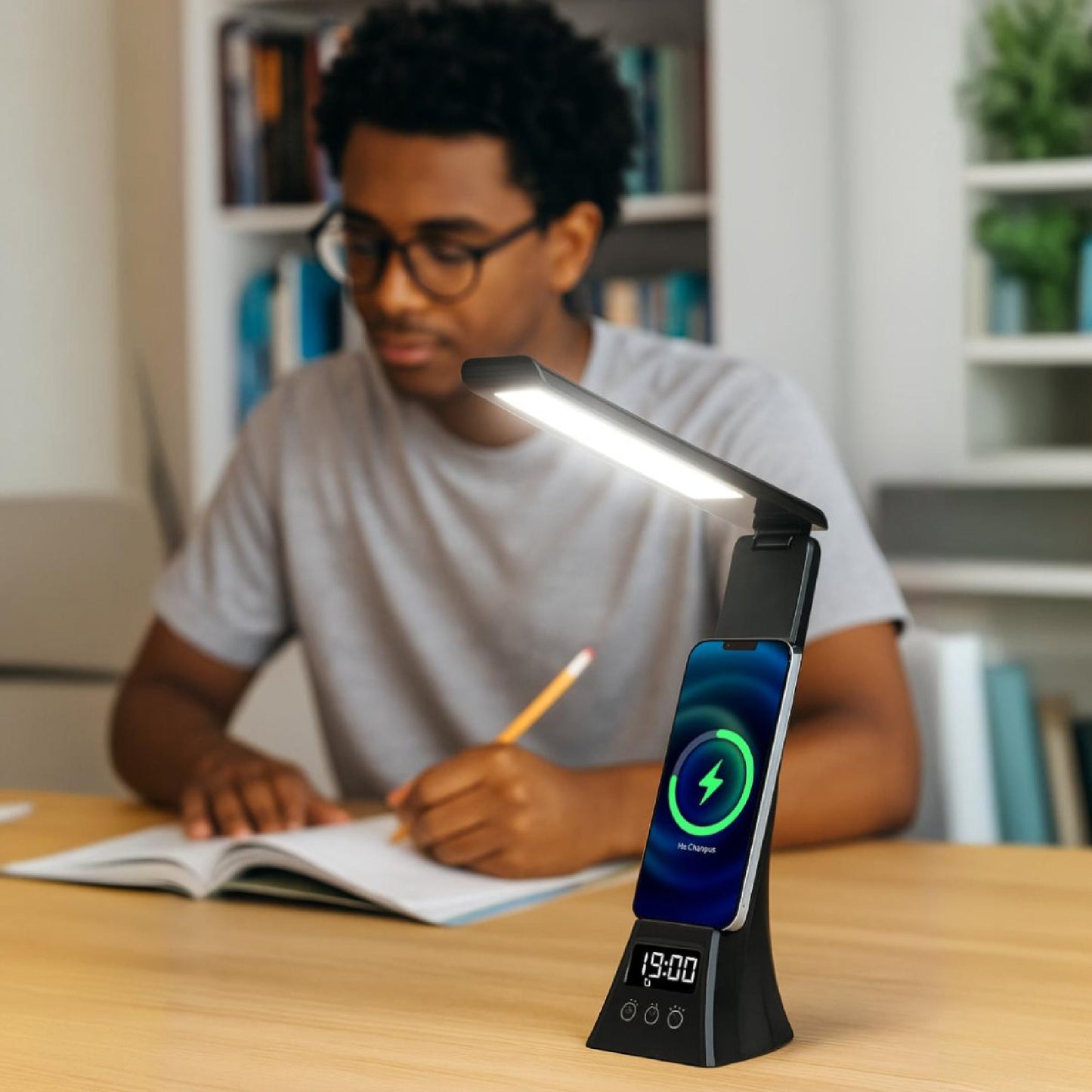 2-in-1 Charging & Illumination Set – Wireless Charging Alarm Clock Speaker + LED Desk Lamp Charger