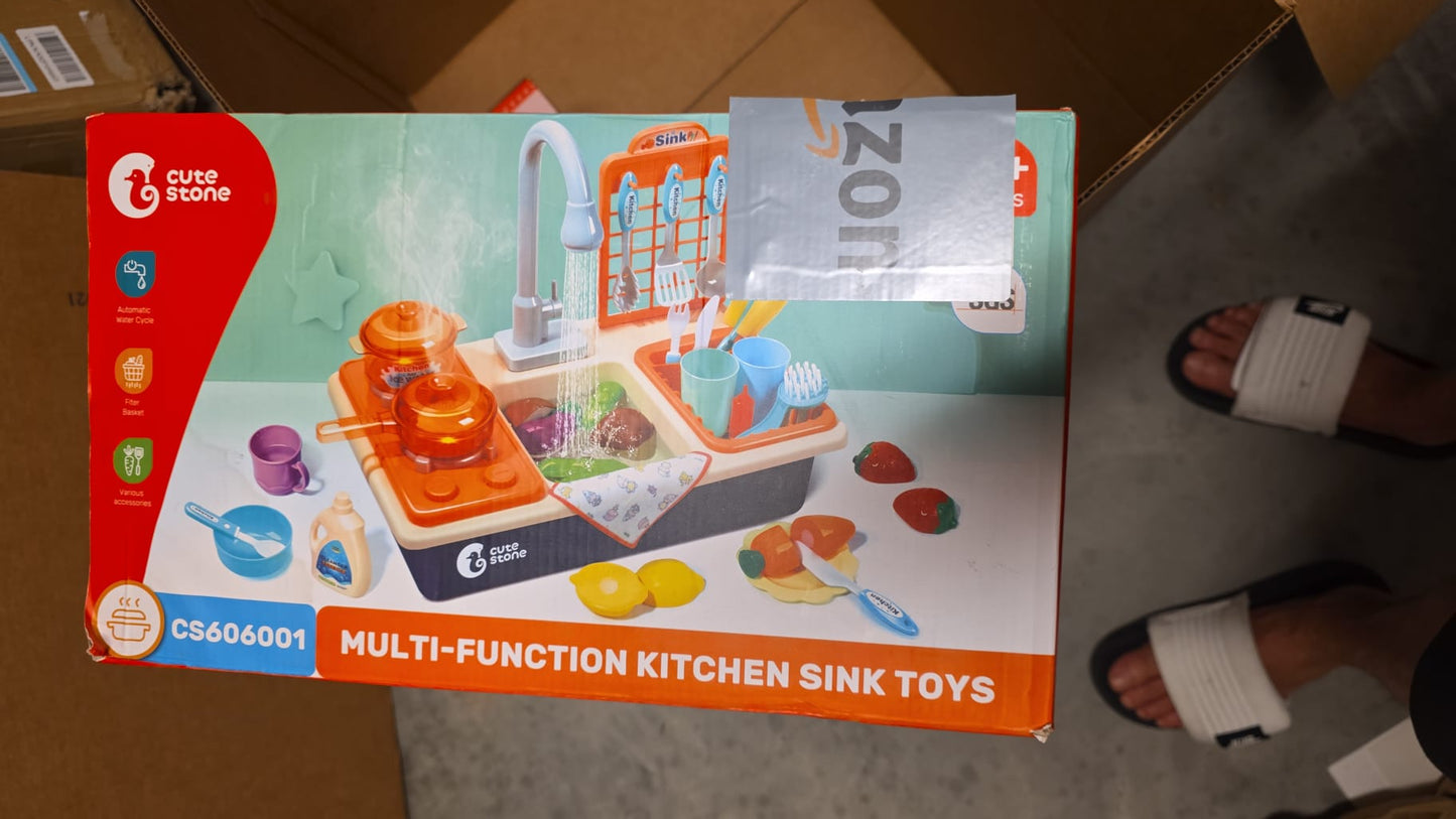 CUTE STONE Pretend Play Kitchen Sink Toys with Play Cooking Stove and Cutting Food Accessorie, Pot and Pan with Spray, Light, Sound 67