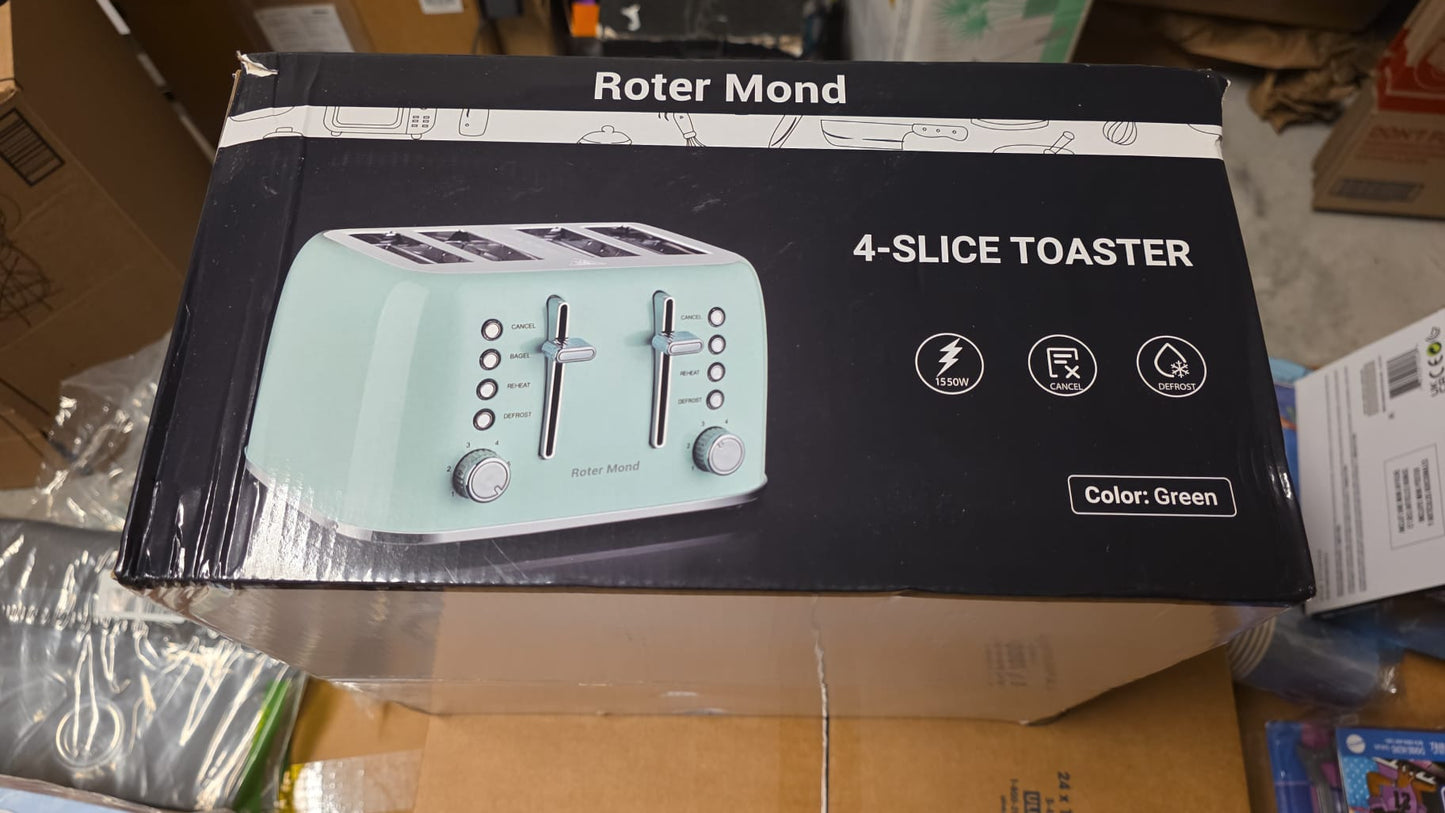Roter Mond Toaster 4 Slice Retro Stainless Steel with Extra Wide Slots Bagel 102