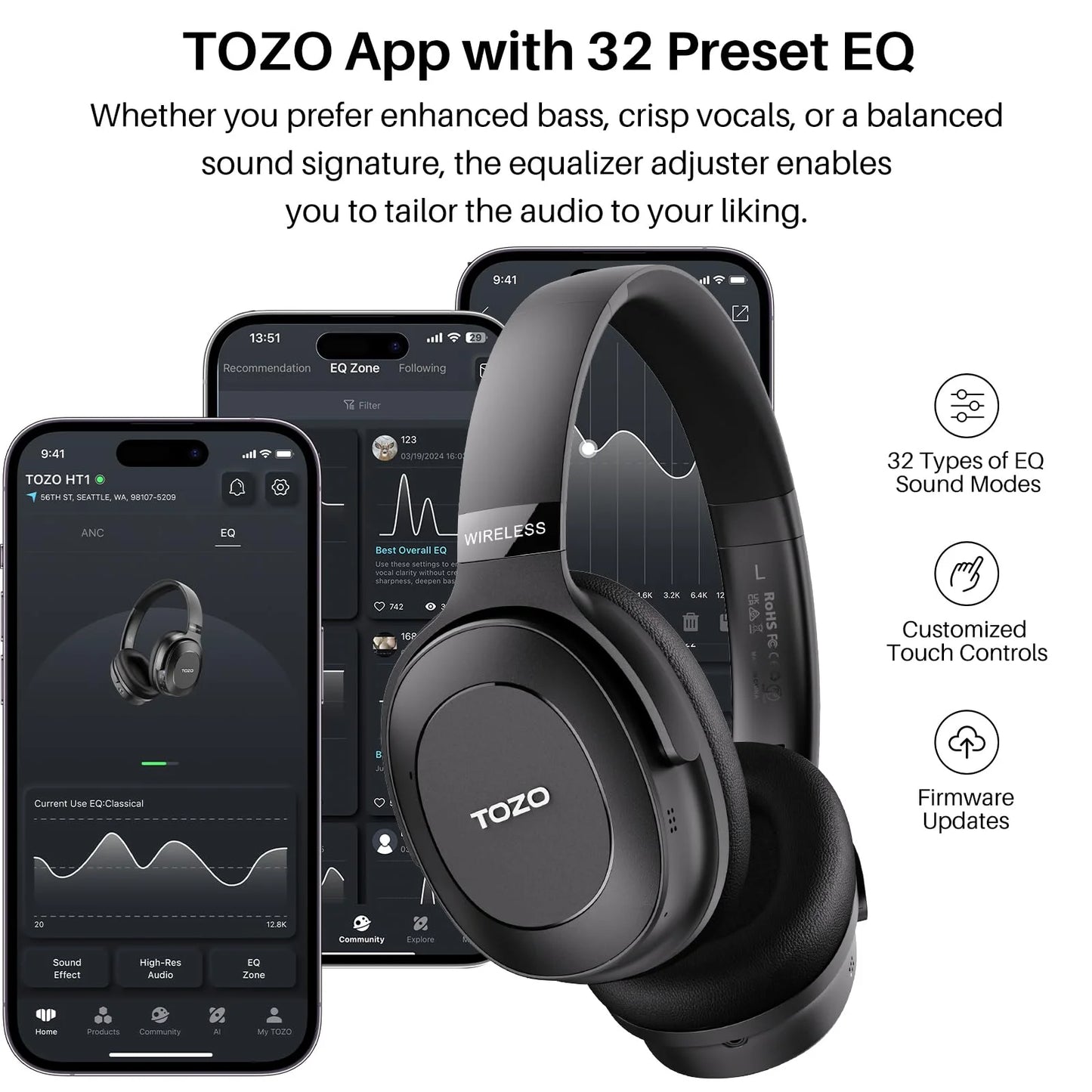 TOZO HT1 Over Ear Bluetooth 5.3 Headphones 40