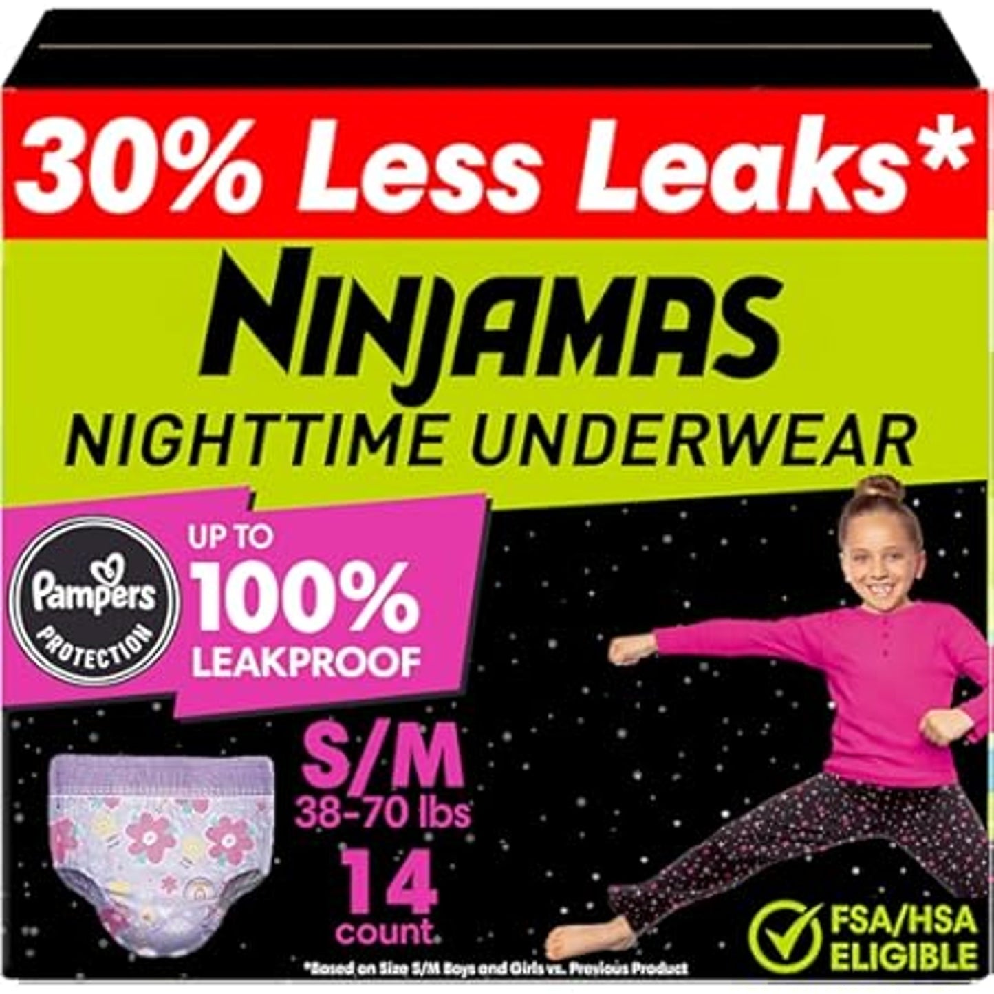 NINJAMAS Nighttime Underwear for Girls, S/M, 14 Ct