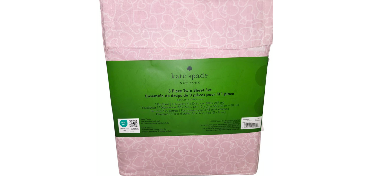 Kate Spade New York 3 Piece Twin XL Sheet Set Pink Hearts 100% Cotton Pastel 45