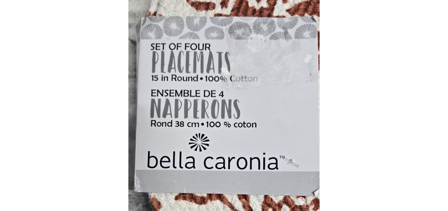 Bella Caronia Placemats Set Of 4 Woven Round White With Brown Paisley Print 15" 43