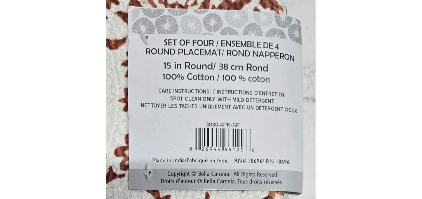 Bella Caronia Placemats Set Of 4 Woven Round White With Brown Paisley Print 15" 43