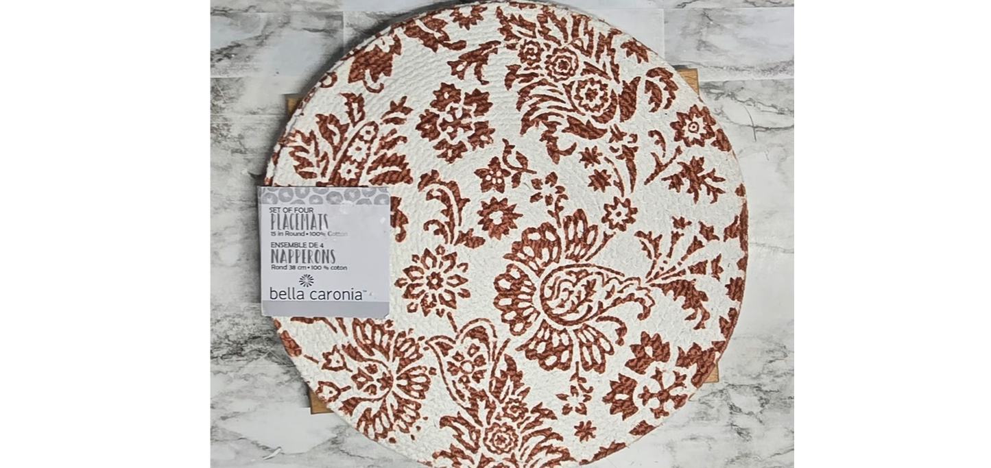 Bella Caronia Placemats Set Of 4 Woven Round White With Brown Paisley Print 15" 43