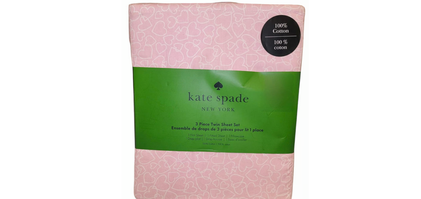 Kate Spade New York 3 Piece Twin XL Sheet Set Pink Hearts 100% Cotton Pastel 45