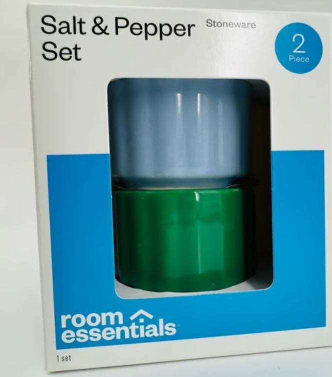 Room Essentials Salt and Pepper Shakers Blue/Green Columns Set 102a