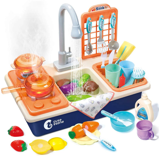 CUTE STONE Pretend Play Kitchen Sink Toys with Play Cooking Stove and Cutting Food Accessorie, Pot and Pan with Spray, Light, Sound 67