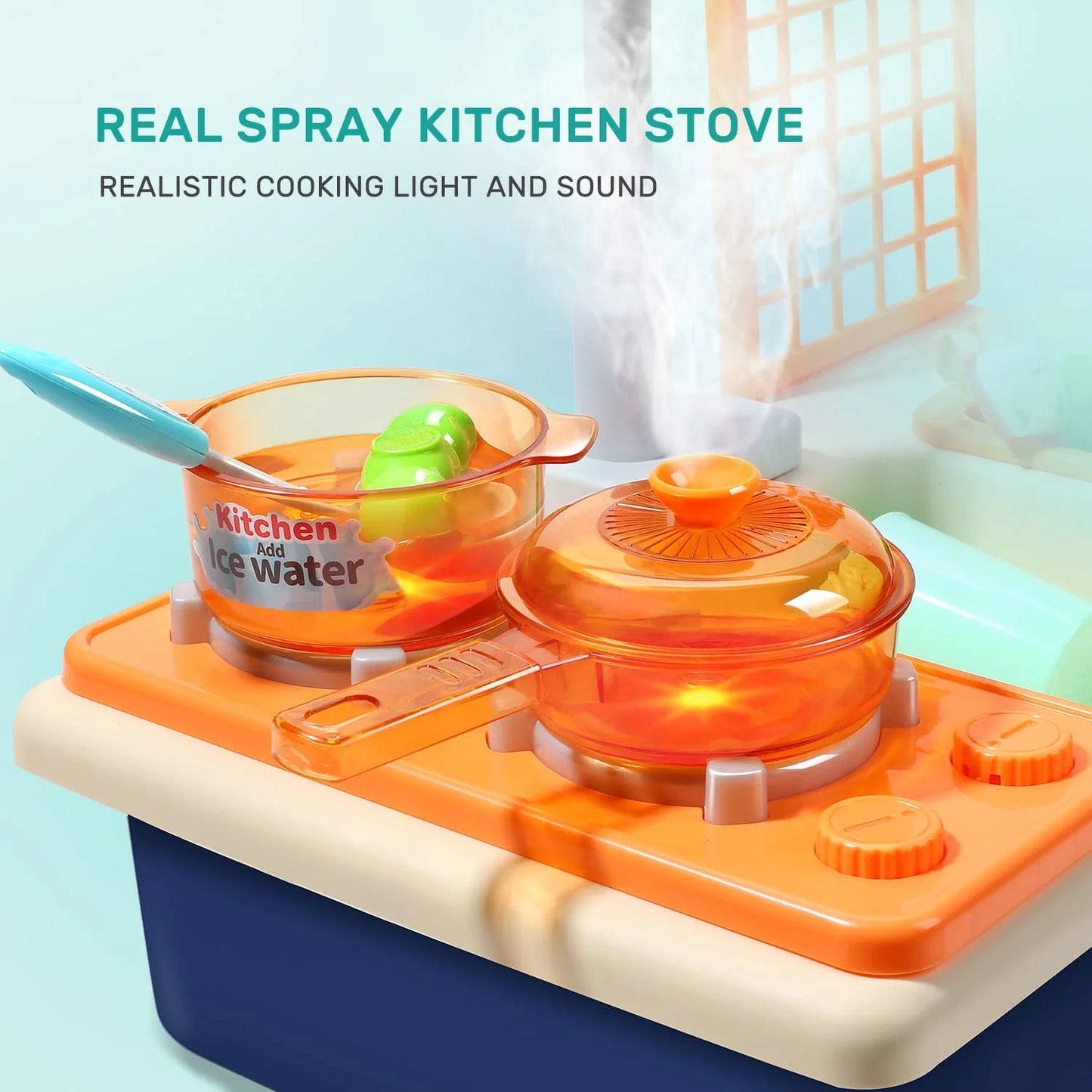 CUTE STONE Pretend Play Kitchen Sink Toys with Play Cooking Stove and Cutting Food Accessorie, Pot and Pan with Spray, Light, Sound 67
