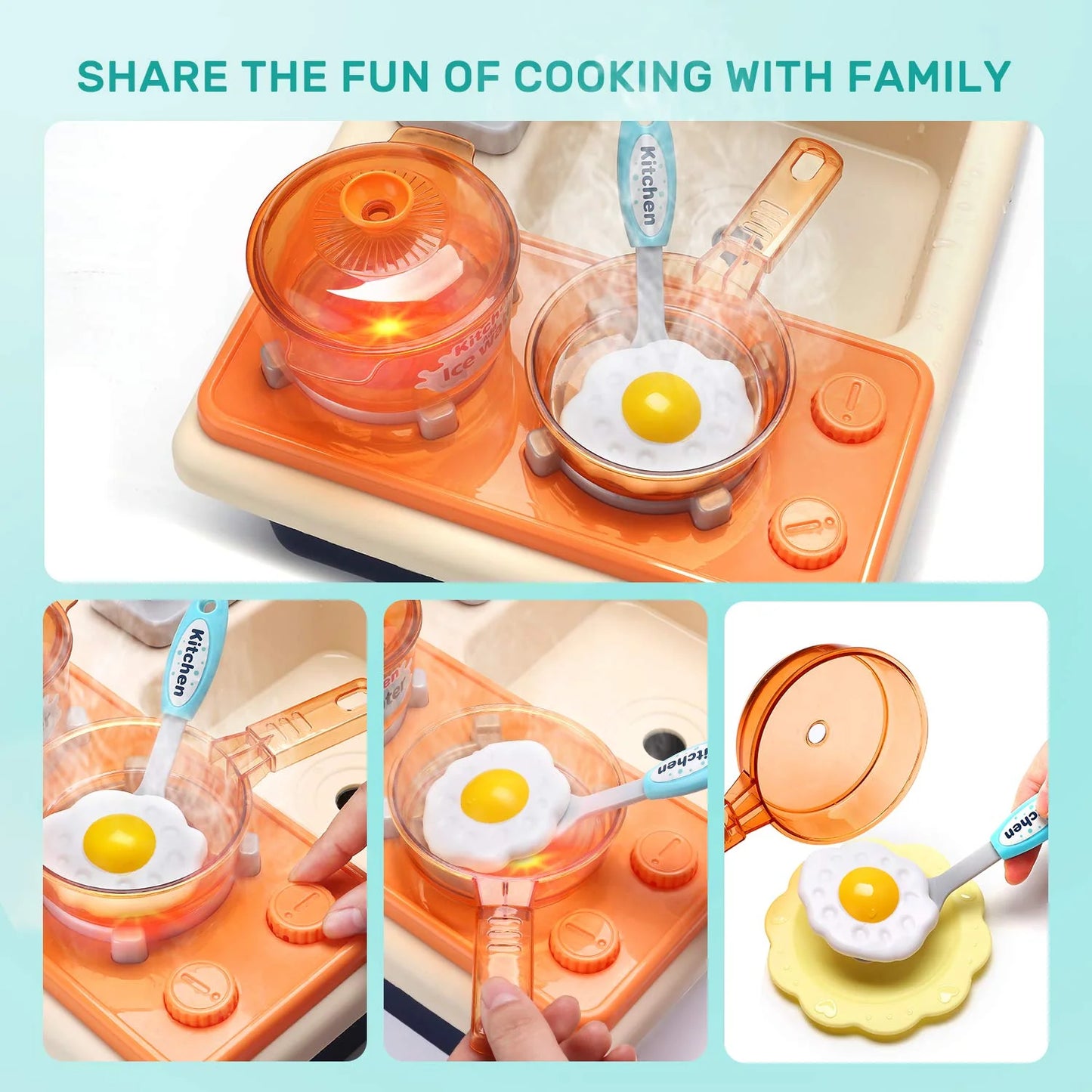 CUTE STONE Pretend Play Kitchen Sink Toys with Play Cooking Stove and Cutting Food Accessorie, Pot and Pan with Spray, Light, Sound 67
