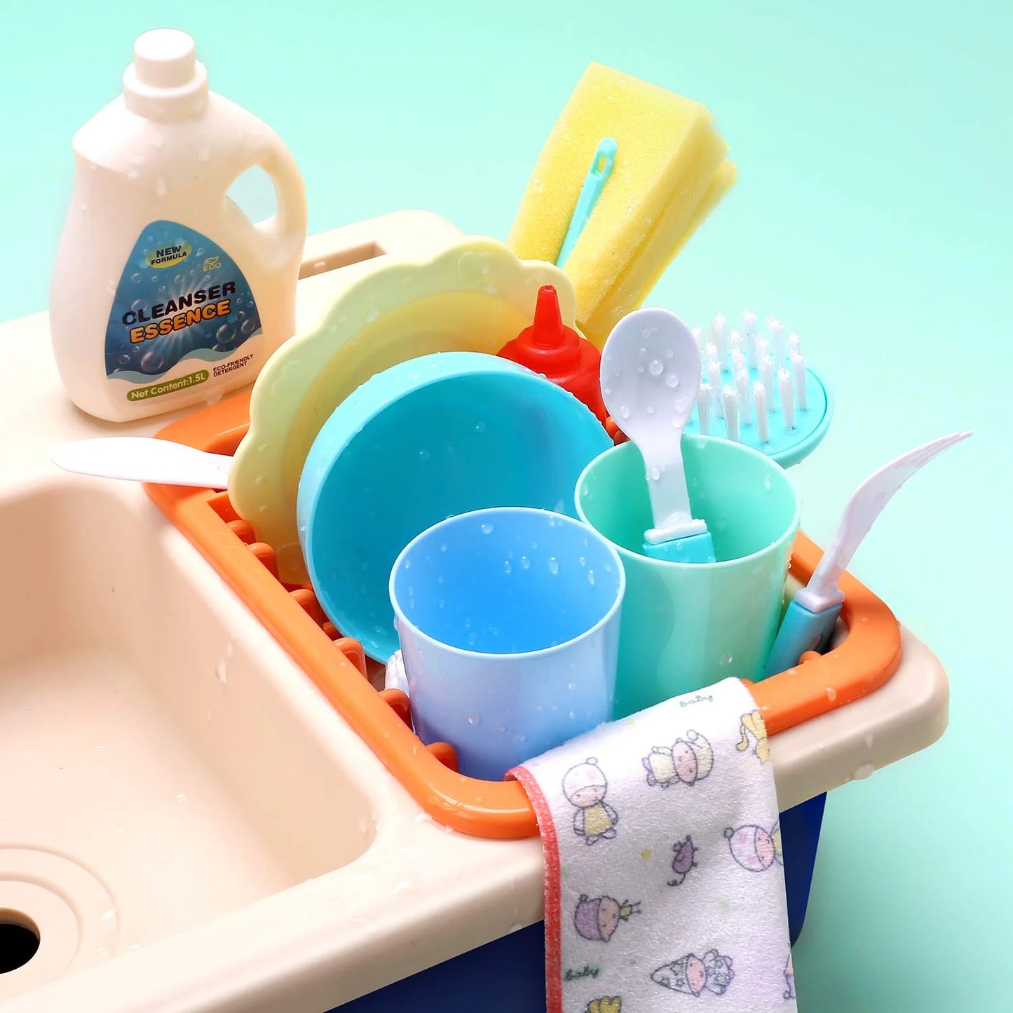 CUTE STONE Pretend Play Kitchen Sink Toys with Play Cooking Stove and Cutting Food Accessorie, Pot and Pan with Spray, Light, Sound 67