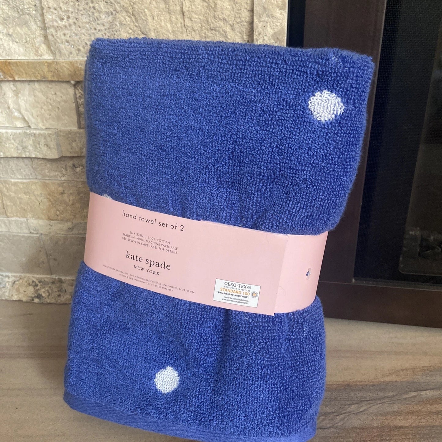 Kate Spade New York Blue And White Polka Dot Cotton Hand Towels Set Of 2 52