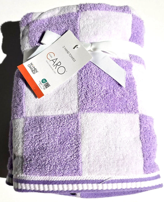 CARO PURPLE AND WHITE 100% COTTON CHECKER PLUSH SET OF 2 HAND TOWEL 52