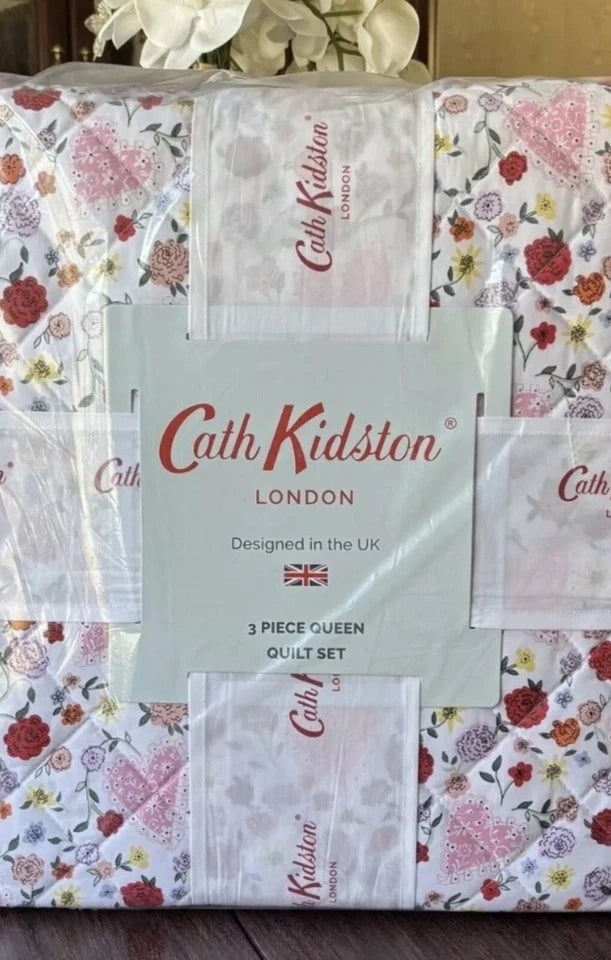 3pc Cath Kidston London Cotton FLORAL HEART PINK Cottage Quilt & Shams Set QUEEN 49